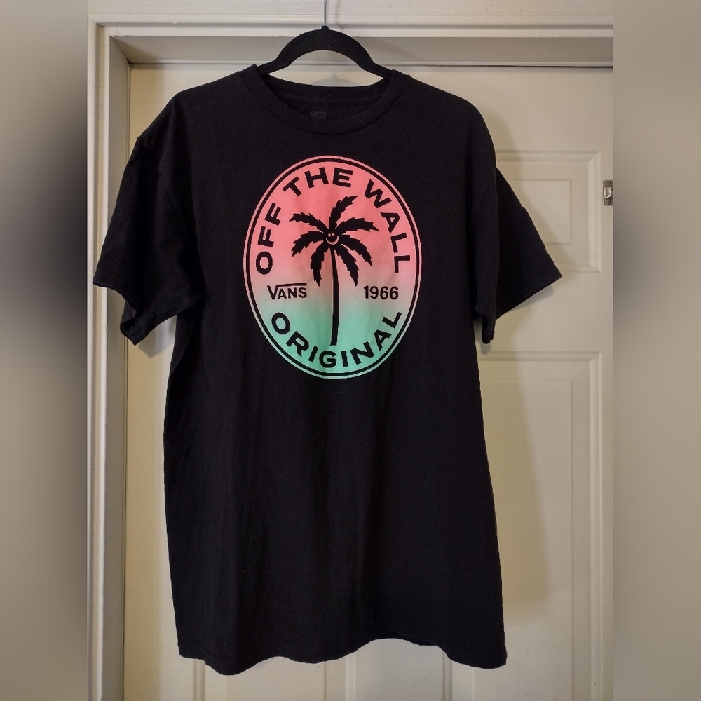 Vans Off The Wall Original Men's Retro Black Tee w/ Pink & Green Palm Graphic